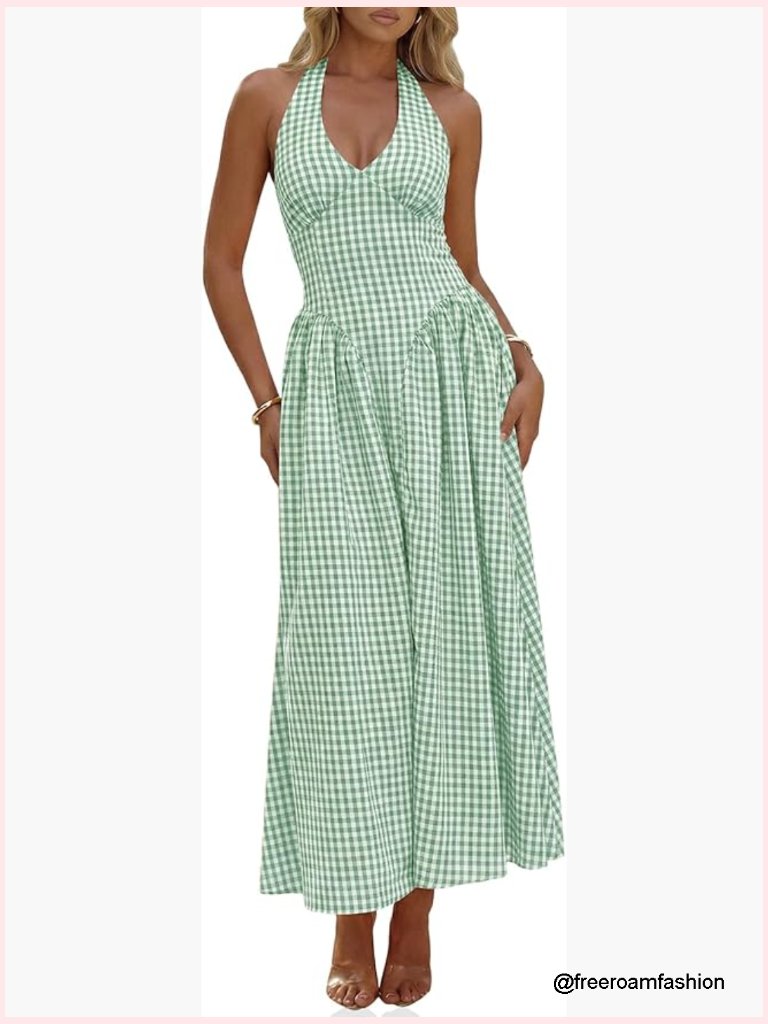 Halter V Neck Corset Maxi Dress Smocked Tie Back Backless Wedding Guest